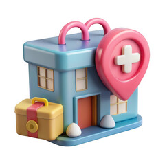 3d cartoon medical building with first aid kit