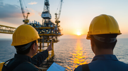 Two men are standing on a platform overlooking a large body of water