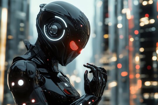 Advanced alien worker preparing for duty, adjusting their high tech exoskeleton suit amidst towering skyscrapers