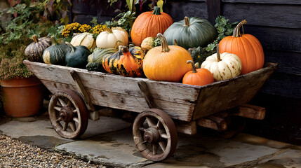 Rustic Wooden Wheelbarrow Filled with Gourds and Pumpkins