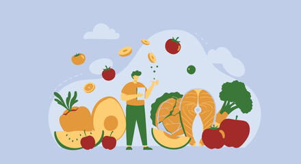 Man consuming healthy foods, balanced diet illustration.