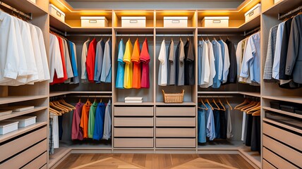 Modern luxury wardrobe interior with neatly arranged colorful clothes and elegant wooden shelves
