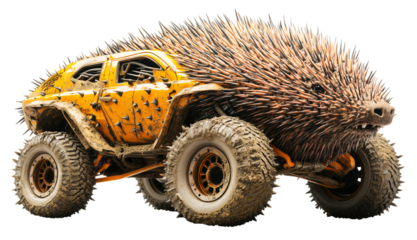 Rugged off road vehicle with porcupine inspired design features spiky exterior, blending nature and machinery in creative concept., isolated