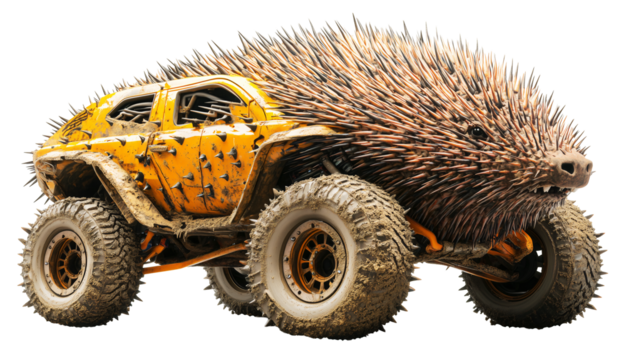 Rugged off road vehicle with porcupine inspired design features spiky exterior, blending nature and machinery in creative concept., isolated