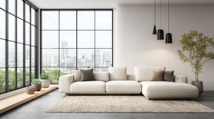 Obraz premium Modern living room with large windows and a sectional sofa.
