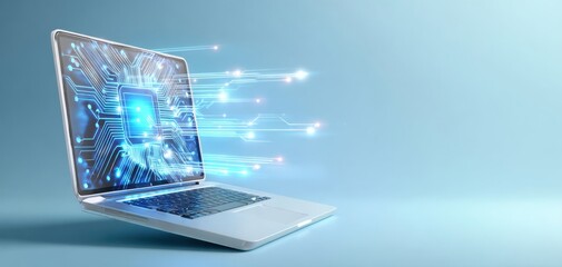 The laptop showcasing advanced technology with glowing circuits and data flow.