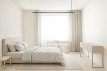 Fototapeta premium white interior of bedroom with comfortable bed, desk and chair