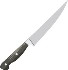 A long, slender kitchen knife with a dark wooden handle, isolated on a white background.