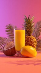 Tropical smoothie in a glass, surrounded by fruit