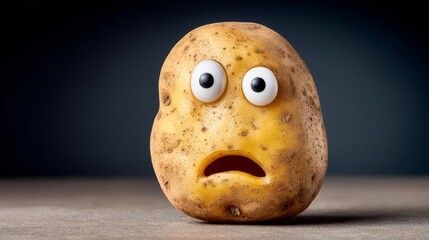 Potato with two eyes and a sad expression. The potato is sitting on a table. The potato is sad because it is not a real person