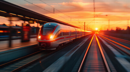 A train is traveling down the tracks with the sun setting in the background