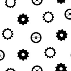 Cartoon vector seamless pattern of black gear silhouettes isolated on white background.	