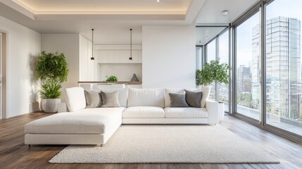 Fototapeta premium Modern living room with a white sectional sofa and city views.