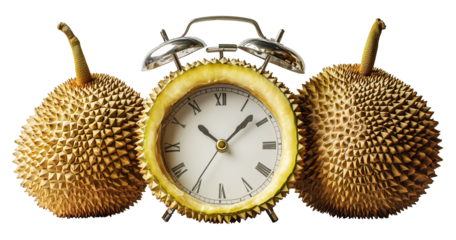 Durian fused with clock symbolizes ripening process over time, blending nature with timekeeping. spiky texture of durian contrasts with smooth clock face, creating surreal image., isolated