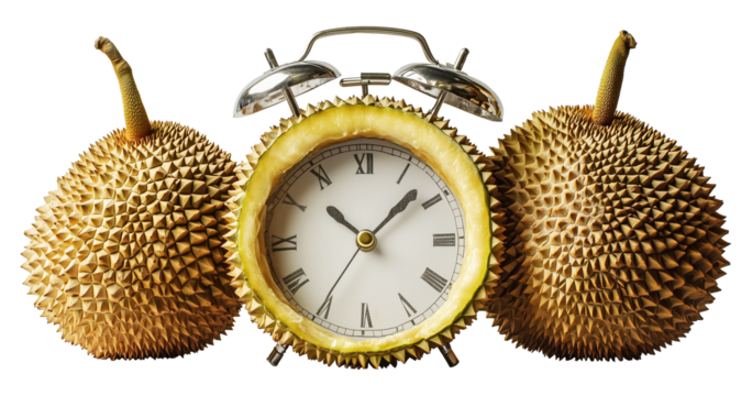 Durian fused with clock symbolizes ripening process over time, blending nature with timekeeping. spiky texture of durian contrasts with smooth clock face, creating surreal image., isolated