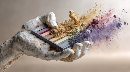 Hand holding a makeup palette with a rainbow of colors. Concept of creativity and artistic expression, as the palette is used to create unique and colorful makeup looks