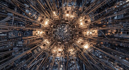 Photo of abstract futuristic digital network structure with glowing lights and complex patterns