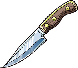 Cartoon illustration of a kitchen knife with a wooden handle.