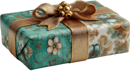 Elegant Gift Wrapped: A beautifully wrapped gift with intricate floral design is adorned with a golden ribbon, symbolizing luxury and celebration.