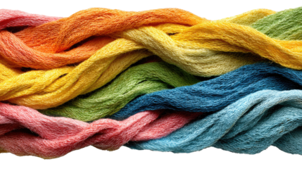 Vibrant Threads of Color: A captivating display of colorful threads, meticulously woven together in a dynamic, textured arrangement. showcasing the art of textile crafts.