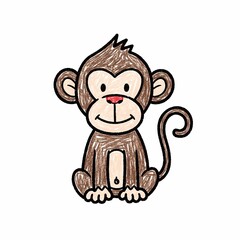 Cute Cartoon Monkey Sitting with Curled Tail and Big Eyes