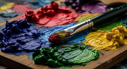 Obraz premium Photo of closeup of an artists palette with vibrant oil paints and a brush
