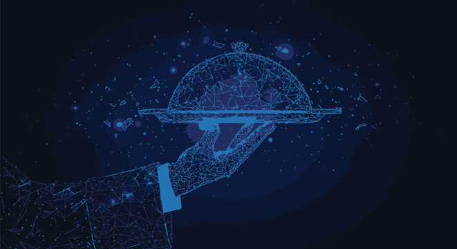 A stylized hand, seemingly serving a digital, abstract dish, against a dark background.