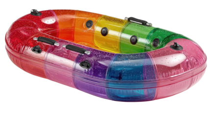 Vibrant Rainbow Inflatable: A vivid rainbow-colored inflatable boat, designed for fun on the water, presents a spectrum of hues perfect for summer adventures.