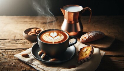 Cozy coffee scene with latte art, almonds, and pastry on rustic wooden table in warm natural light with copy space for text