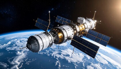 Satellite Orbiting Earth with Solar Panels and Visible Atmosphere