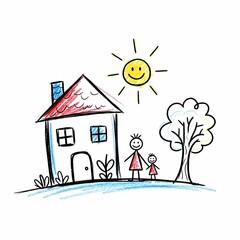 Childlike Cartoon Drawing of Family in Front of House