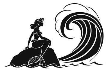 Mermaid sitting on rock with waves silhouette