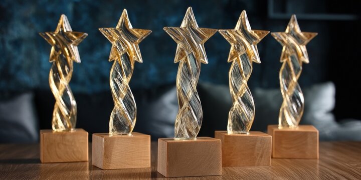 Elegant Corporate Award Trophies with Star and Twist Design on Wooden Bases in Gold Tones