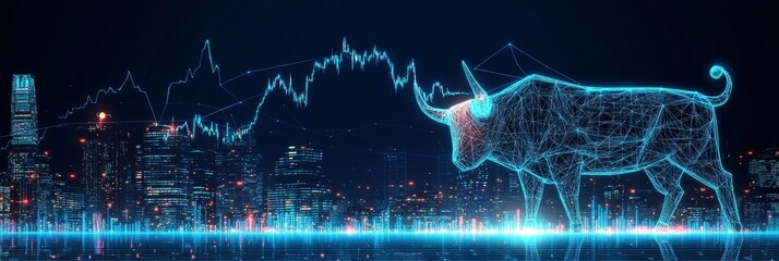 Dynamic Technological Bull on Stock Chart Background Representing Advanced Financial Market Trends