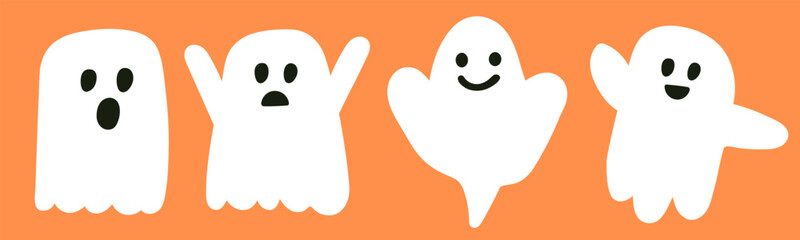 Cute ghosts. Halloween party. Flat vector design. Illustration on orange background.
