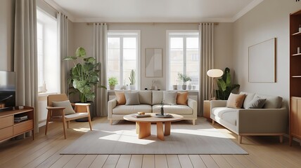 Fototapeta premium A bright living room with sofas, a round coffee table, plants, and light colored wooden floors
