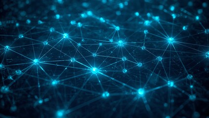 A vibrant blue network of interconnected nodes and lines glowing in a dark abstract space
