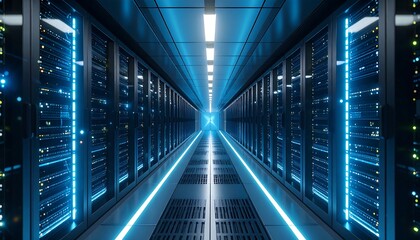Fototapeta premium Server Room Corridor with Blue Lights and Network Equipment