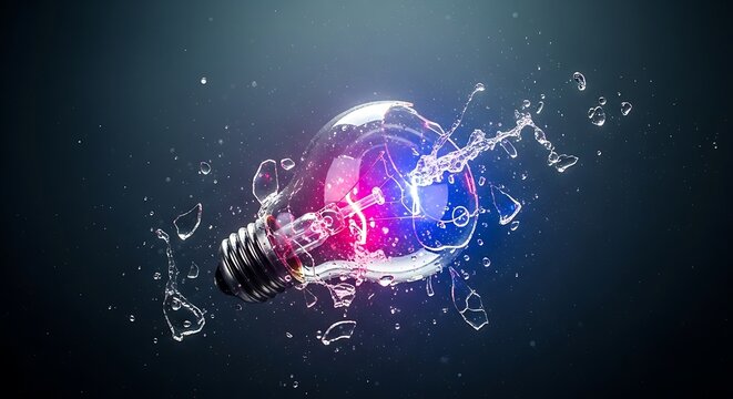 Exploding light bulb bursting with vibrant pink and blue glow, surrounded by dynamic water splashes. - Powered by Adobe