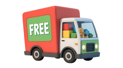 3D free delivery truck with red container and green sign isolated on white