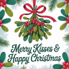 Merry Kisses and Happy Holiday Mistletoe with Red Ribbon and Berries on Light Background