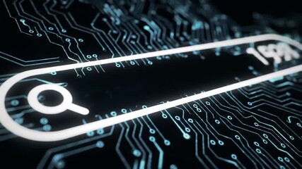 Animated Search Bar Loading Sequence on Electronic Circuit Board Background - Powered by Adobe