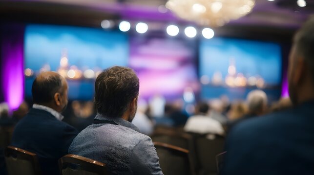 Business conference audience listening to presentation on stage