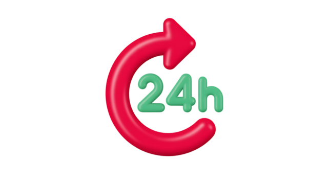 3D 24 hours service icon with red arrow and green text