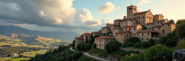 Orvieto's tuff stone buildings, dramatic cloudscape , tourism, autumn, picturesque
