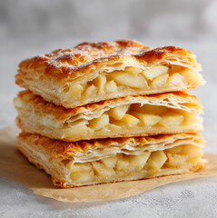Bright juicy photo on a light background of homemade open puff pastry with apple filling.