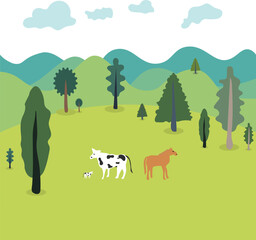 Countryside Landscape with Farm Animals Vector Illustration Flat vector illustration of a countryside landscape with hills, trees, cow, calf, and horse in a green field.