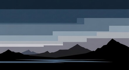 Photo of abstract minimalist landscape with layered sky over silhouetted mountains and a calm body of water