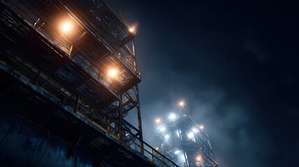 Refinery maintenance with scaffolding and lighting at night