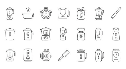 Collection of outline icons depicting various kitchen appliances, including blenders, kettles, timers, and food processors, arranged in a row.